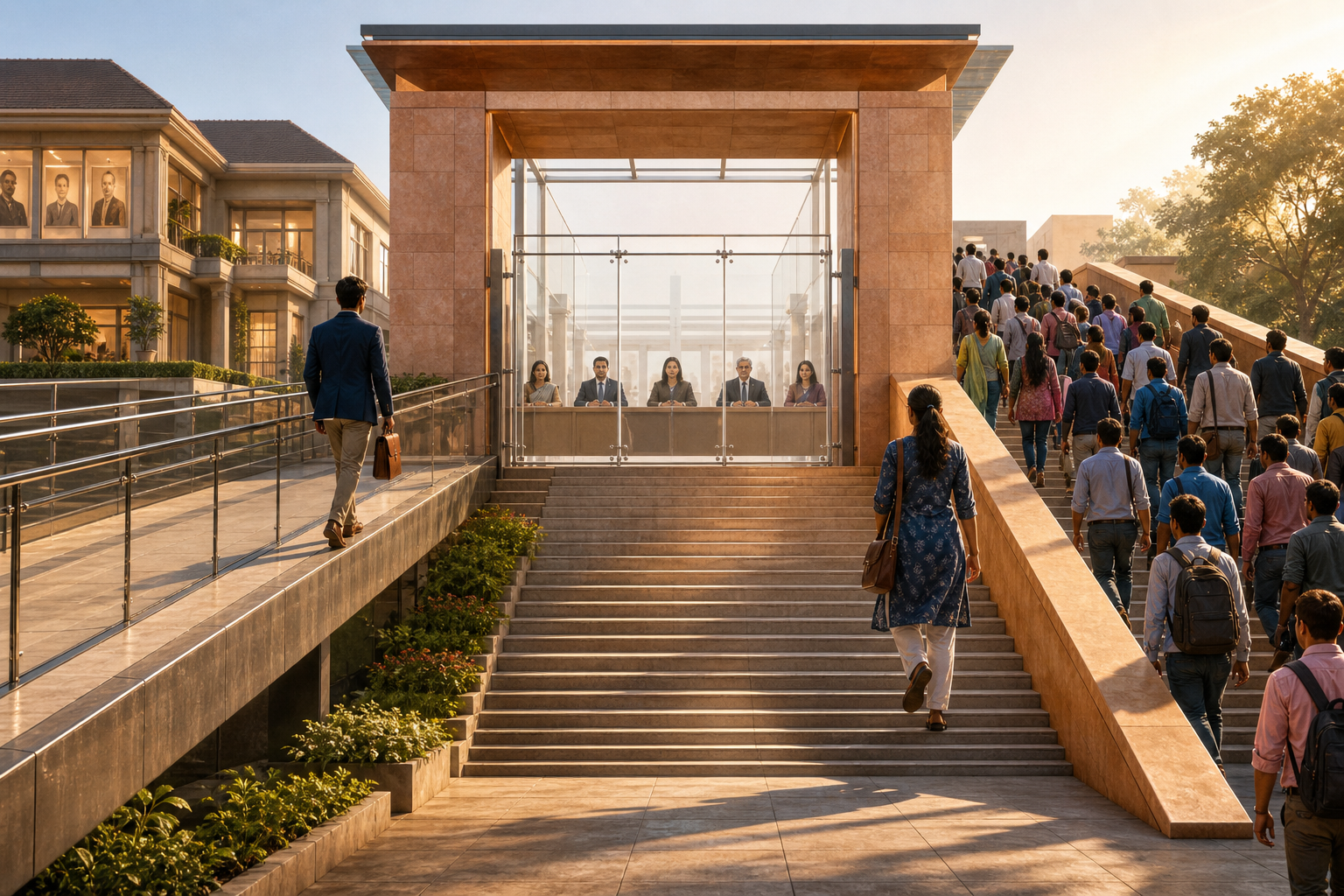 Two candidates arriving by different routes face the same transparent selection gate in a contemporary Indian civic plaza.