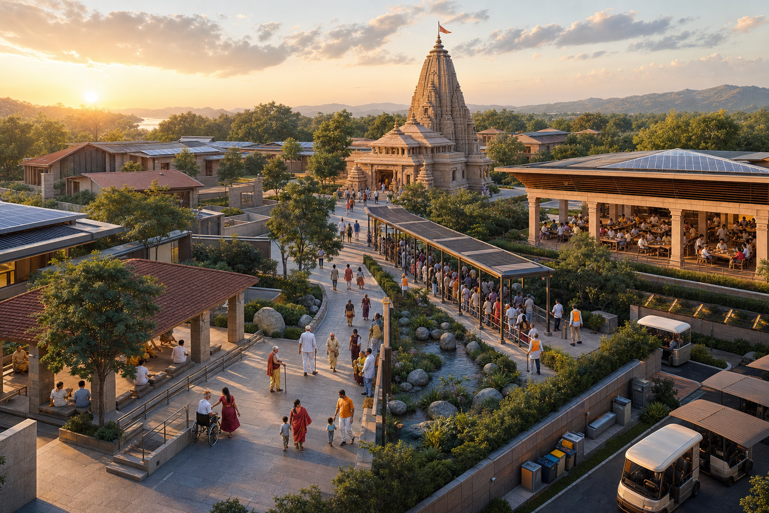 A temple-centered pilgrimage campus with shaded walkways, pilgrim facilities, volunteers, gardens, lodging, dining spaces, and separated service and transport areas.