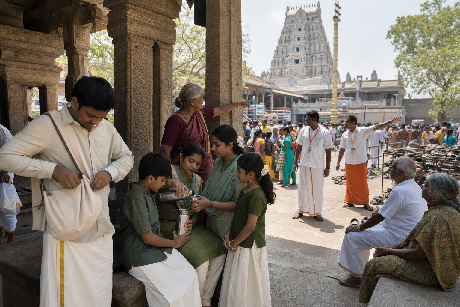 Pilgrims prepare beside a shaded temple hall before joining an orderly festival queue, while volunteers guide the crowd toward the courtyard.