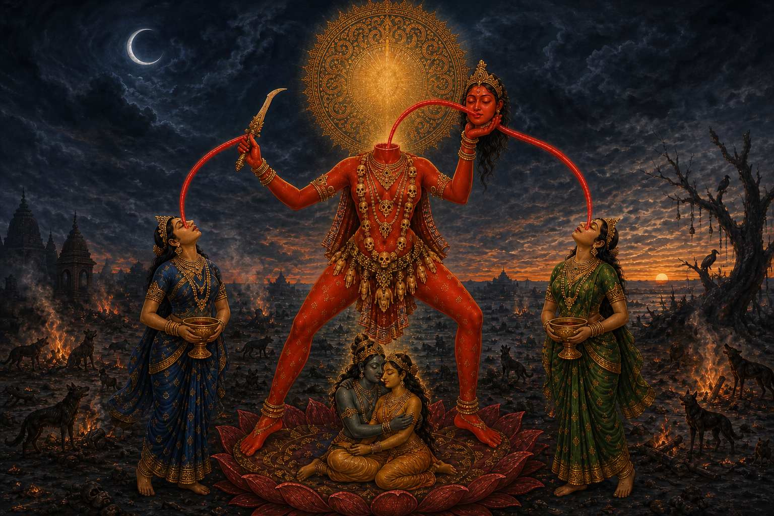 Stylized sacred image of red Chinnamasta holding a ritual blade and her severed head as three crimson streams flow toward her head and two attendants in a cremation ground.
