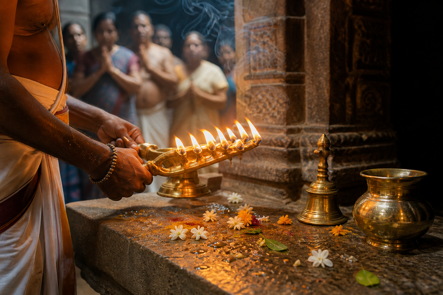 A priest holds a flaming brass lamp above flowers and ritual vessels as pilgrims pray beside carved stone pillars.