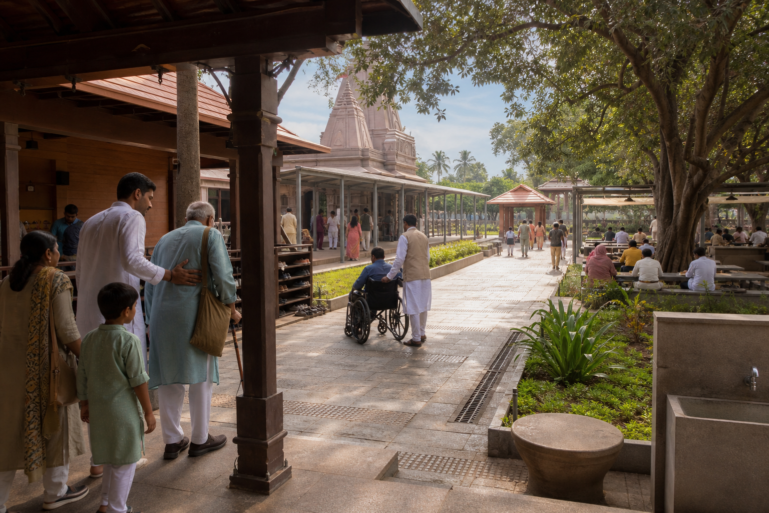 Pilgrims move from a shaded arrival court along an accessible path toward a temple, with water, queueing, rest, dining, and departure facilities nearby.