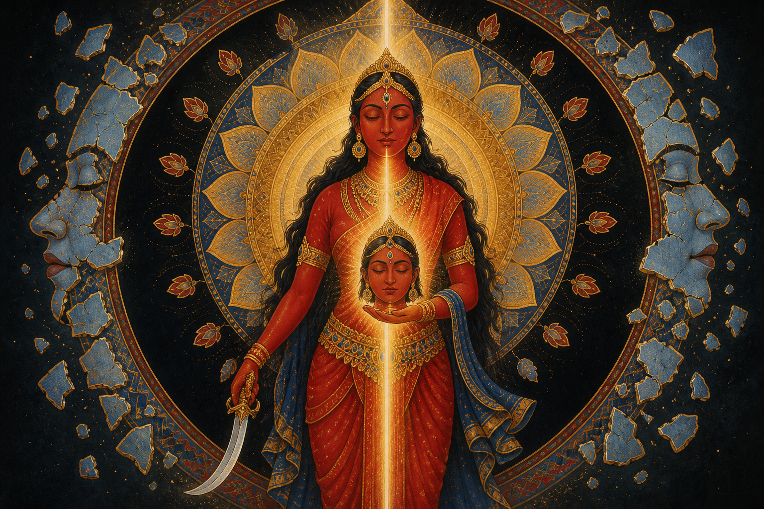 A stylized red goddess holds her calm severed head and a lowered curved blade while golden light connects the head and living body against a dark circular halo.