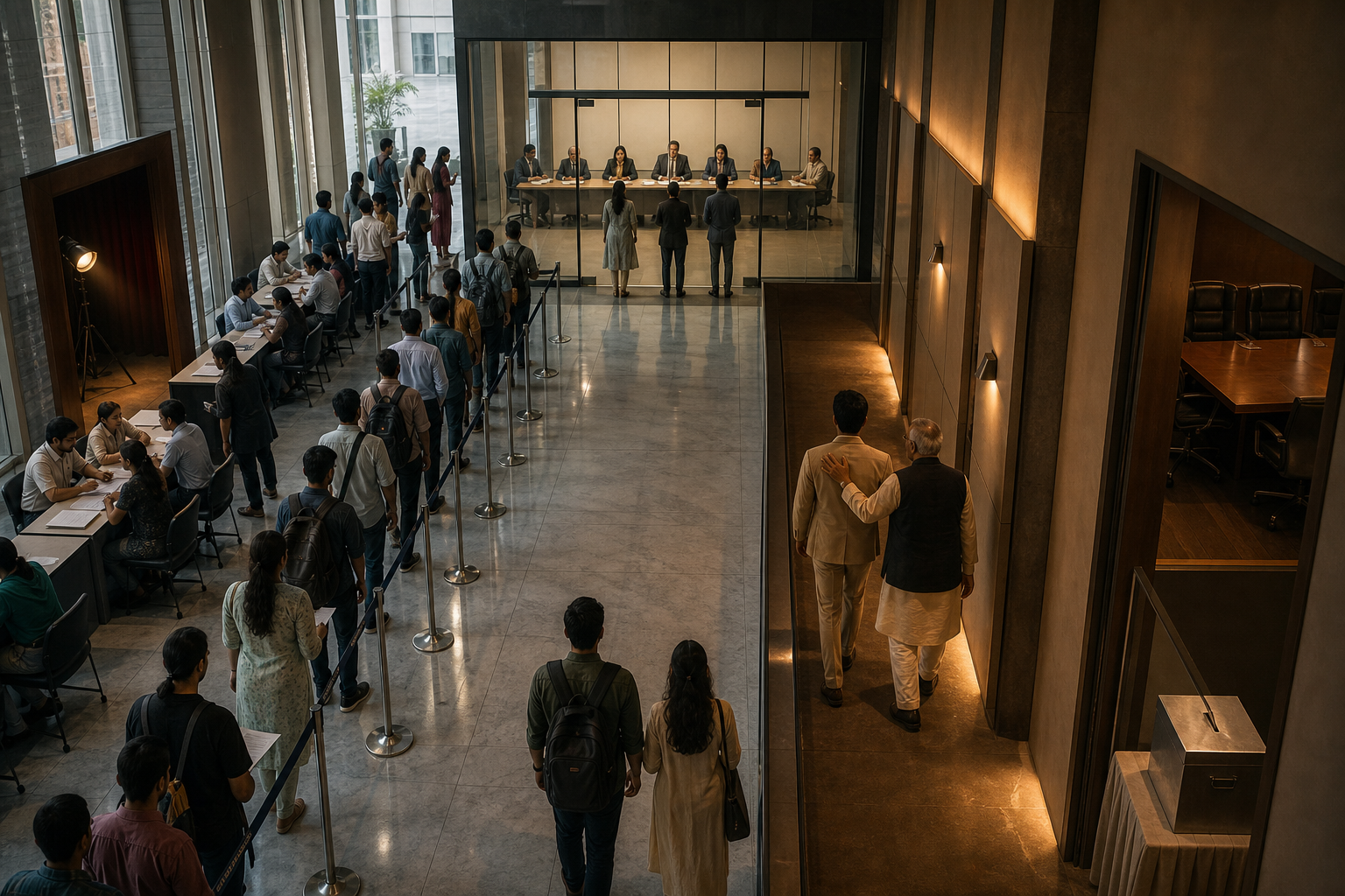 A public queue and a private family-assisted corridor converge at a glass-walled selection chamber with evaluators.