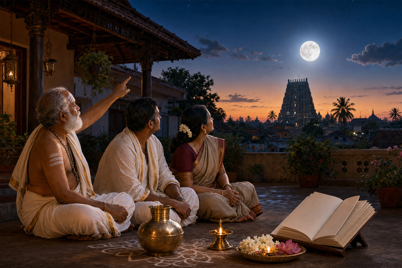 A family and priest observe the full moon from a courtyard beside a lamp, flowers and an unmarked almanac, with a temple in the distance.