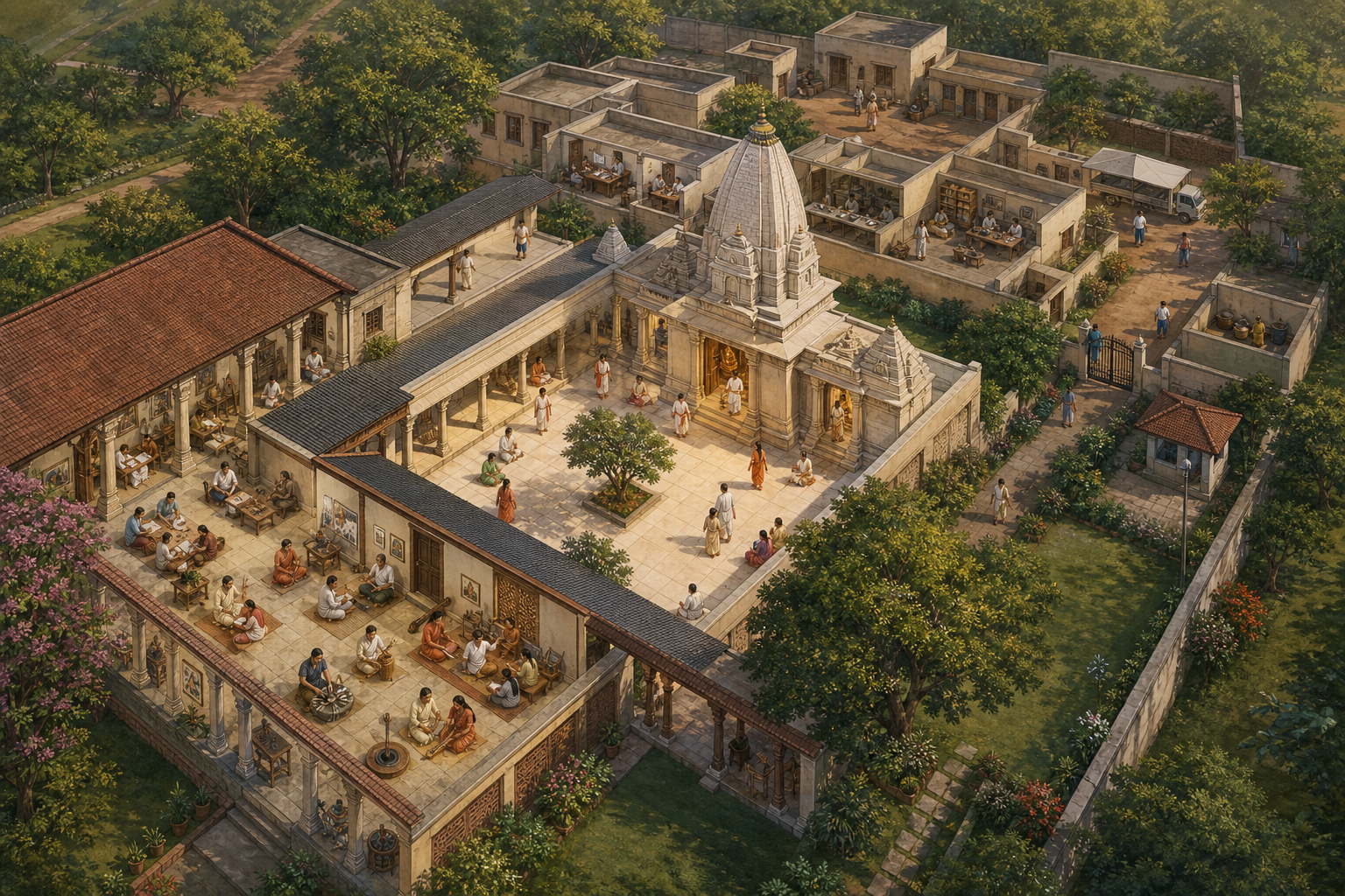 A connected campus separates a temple courtyard, a cultural learning cloister, and administrative and service areas through distinct buildings and landscaped thresholds.