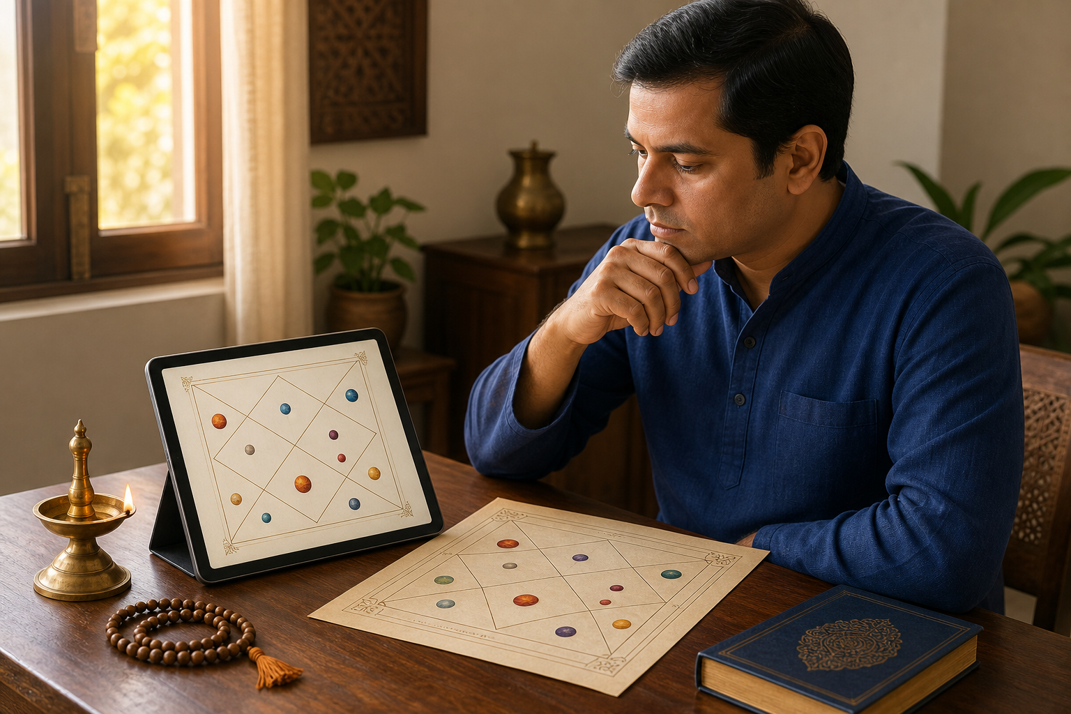 A person at a study desk compares an abstract digital birth chart on a tablet with a geometric paper chart beside a lamp and prayer beads.