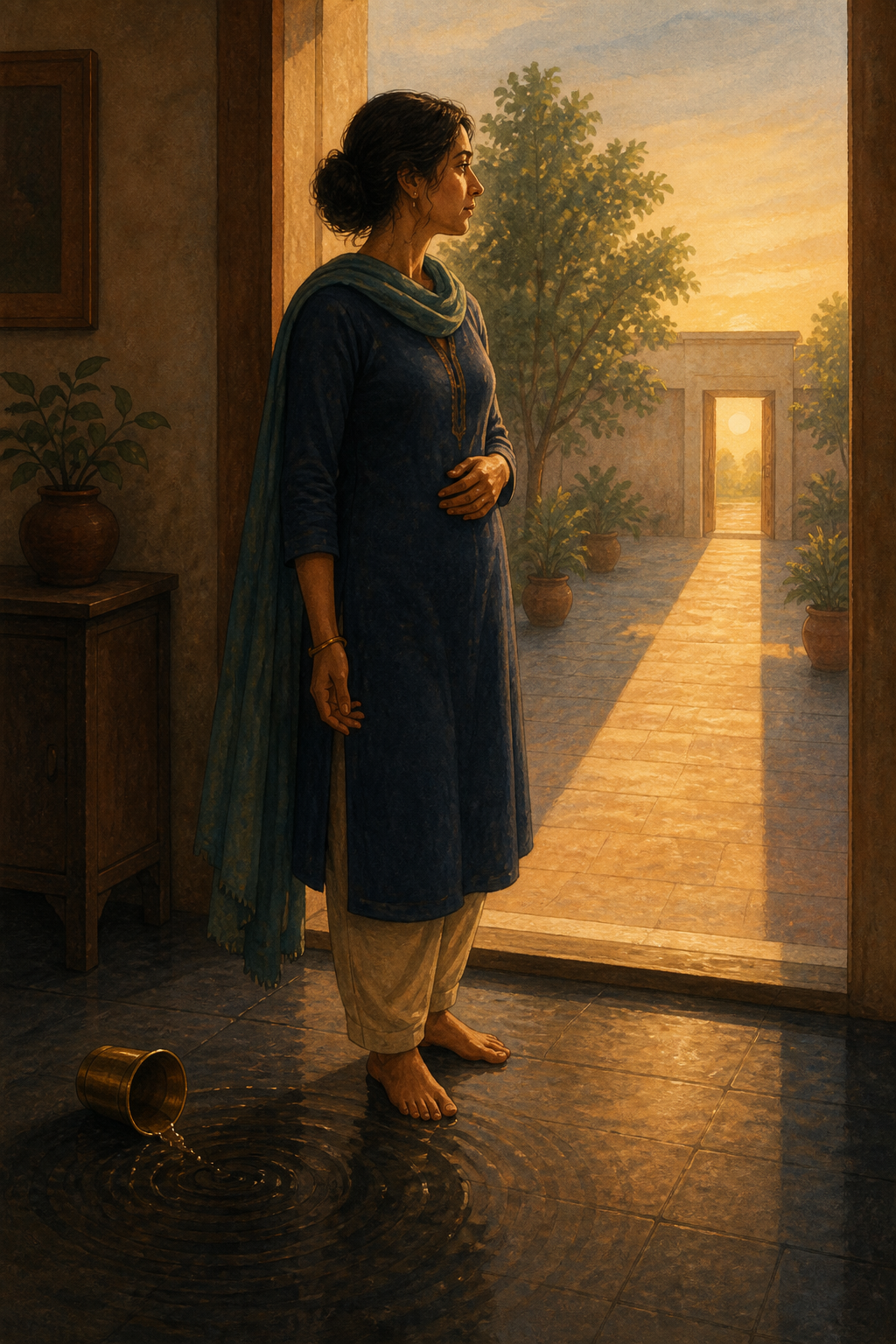 A person pauses between a dim room and a bright courtyard as ripples spread from a tipped cup on the floor.
