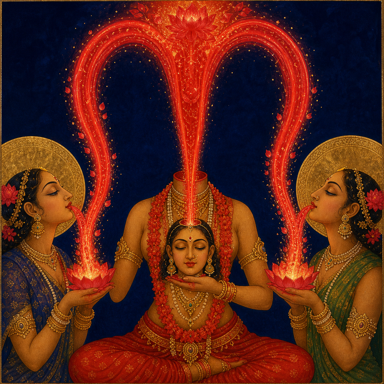 Three luminous crimson streams connect Chinnamasta with her held head and two female attendants in a symmetrical triangular composition.