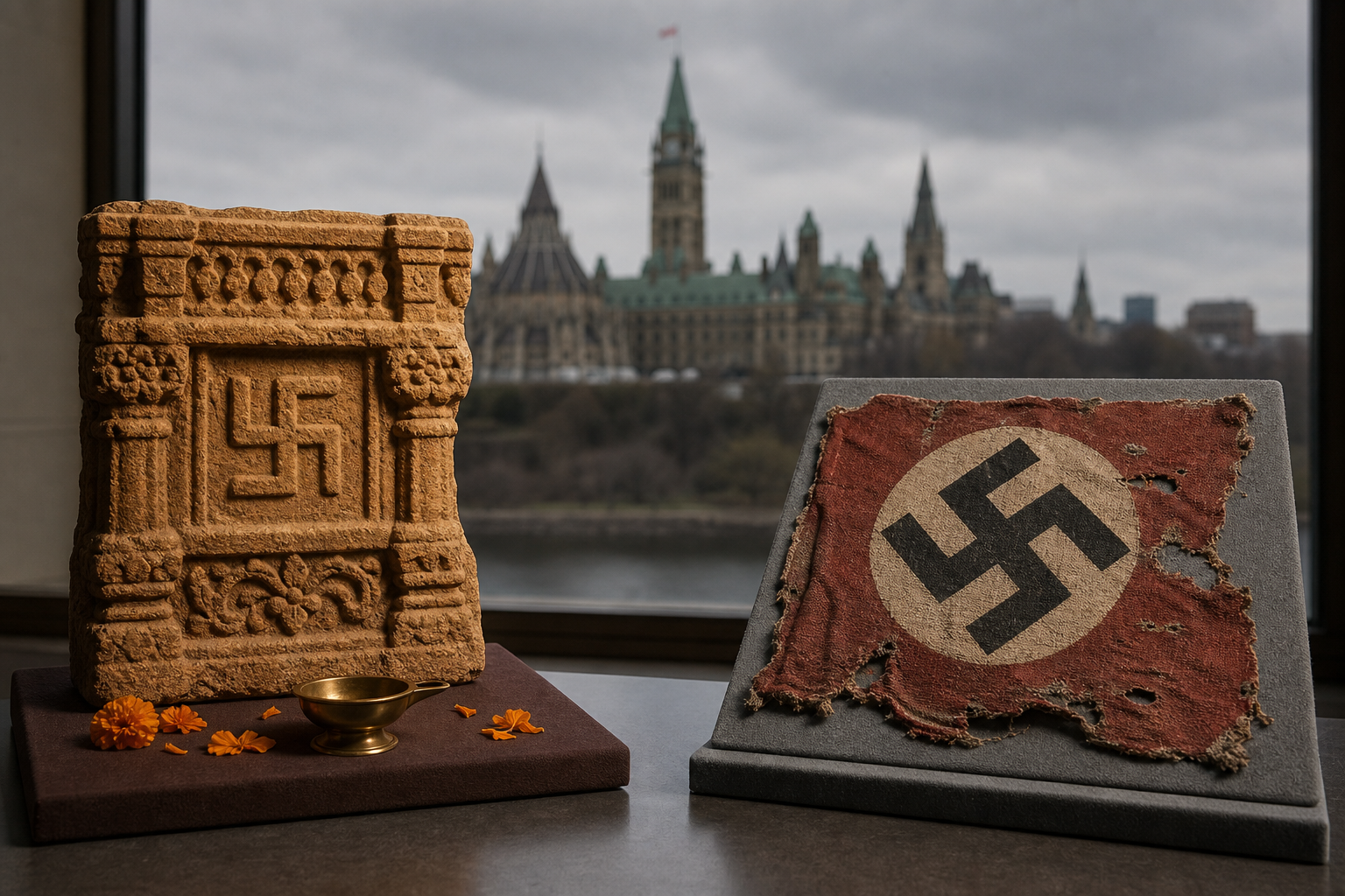 A sacred Swastika carved into a sandstone temple fragment and a damaged Nazi Hakenkreuz banner fragment displayed separately, with Canada's Parliament buildings in the background.
