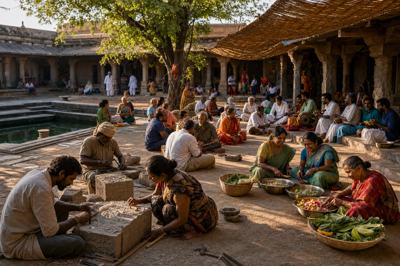 Local artisans, cooks, musicians, residents, and pilgrims from different regions share craft, food, music, and service in a shaded temple courtyard.