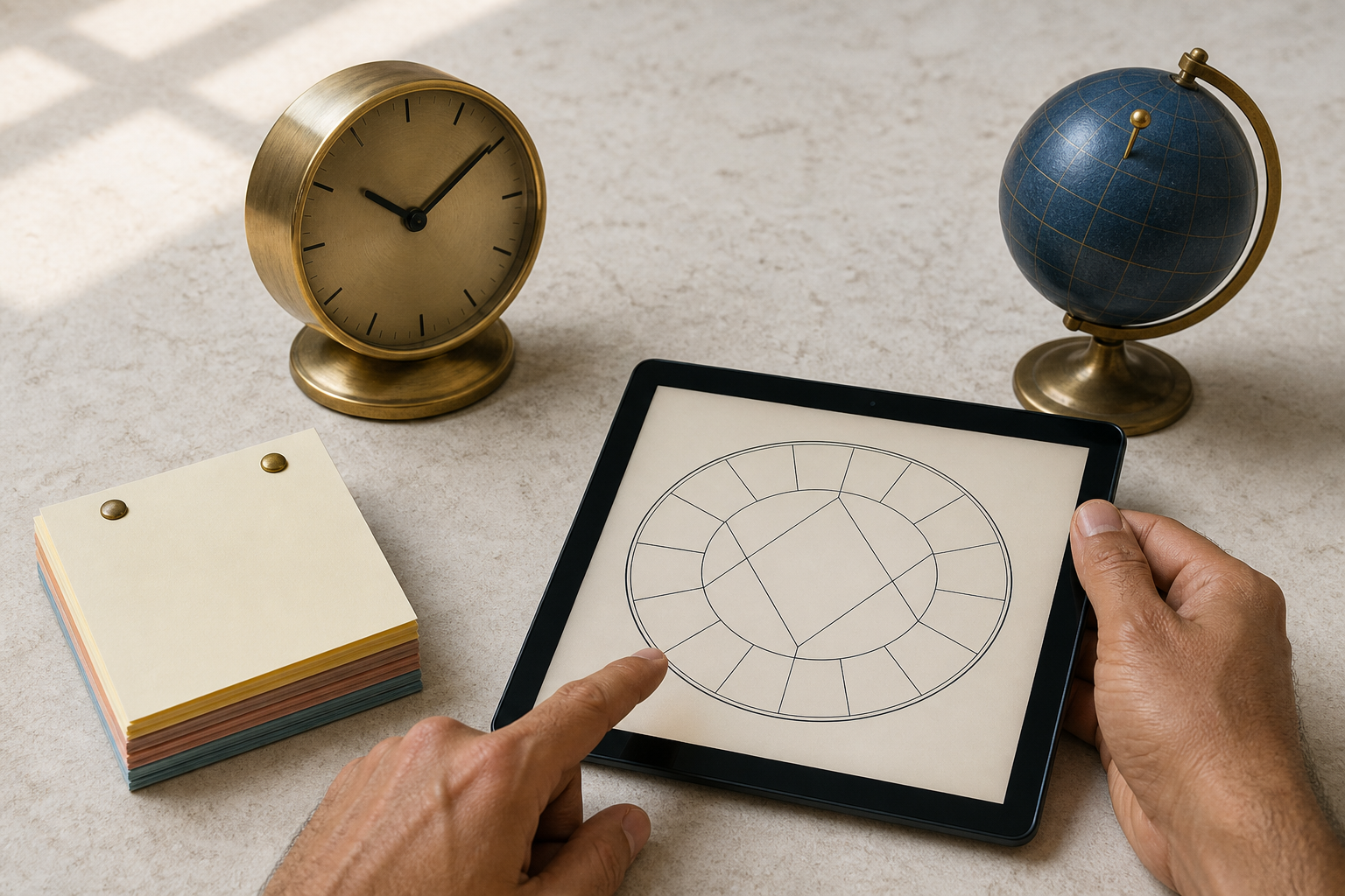 Hands check a brass clock, a pinned globe, and a blank calendar beside a tablet displaying an abstract geometric birth chart.