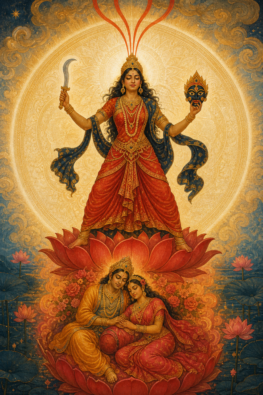 Chinnamasta stands above a modestly draped embracing couple on a red lotus, with warm light around the couple and a larger white-gold halo around the goddess.
