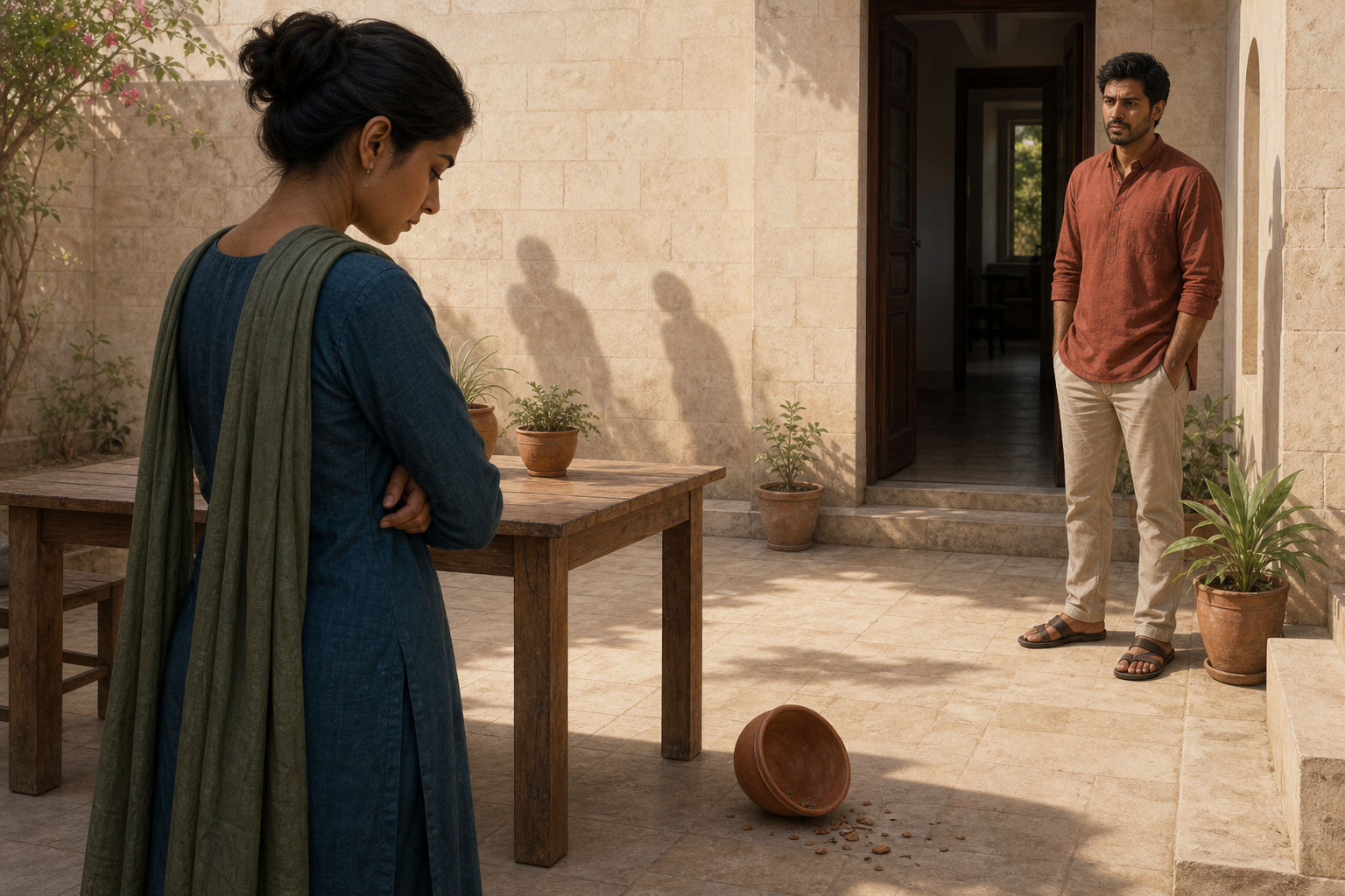 Two people face each other in a courtyard while one calmly observes a fallen bowl and the surrounding scene.