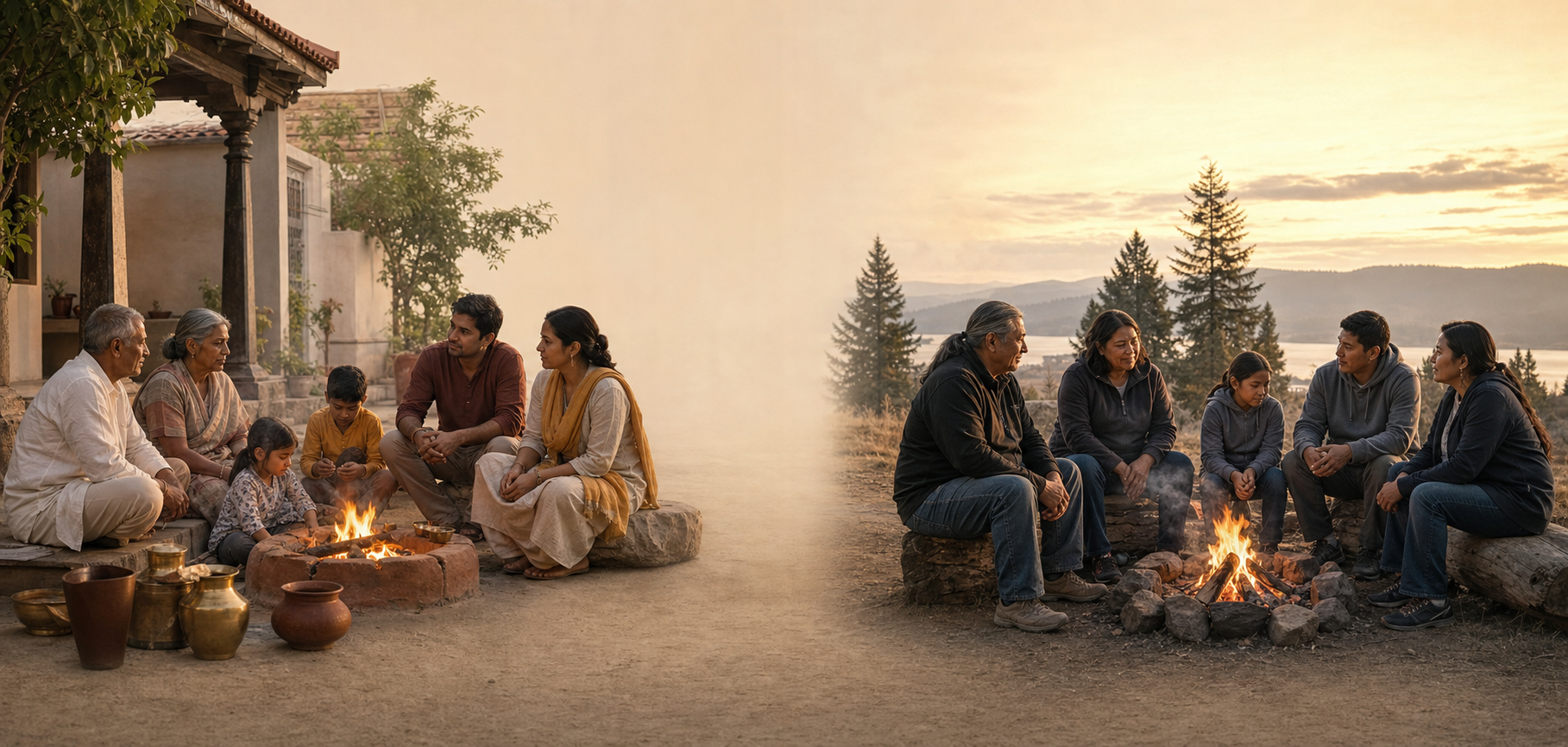 Two separate scenes show an Indian family and a Native American family gathered around fires in their respective home and landscape settings.