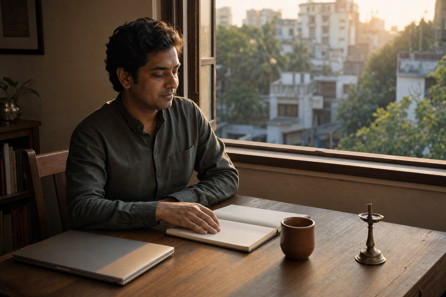 A professional sits calmly at a wooden desk beside a closed laptop, clay cup, and brass lamp as dawn light enters through a window.