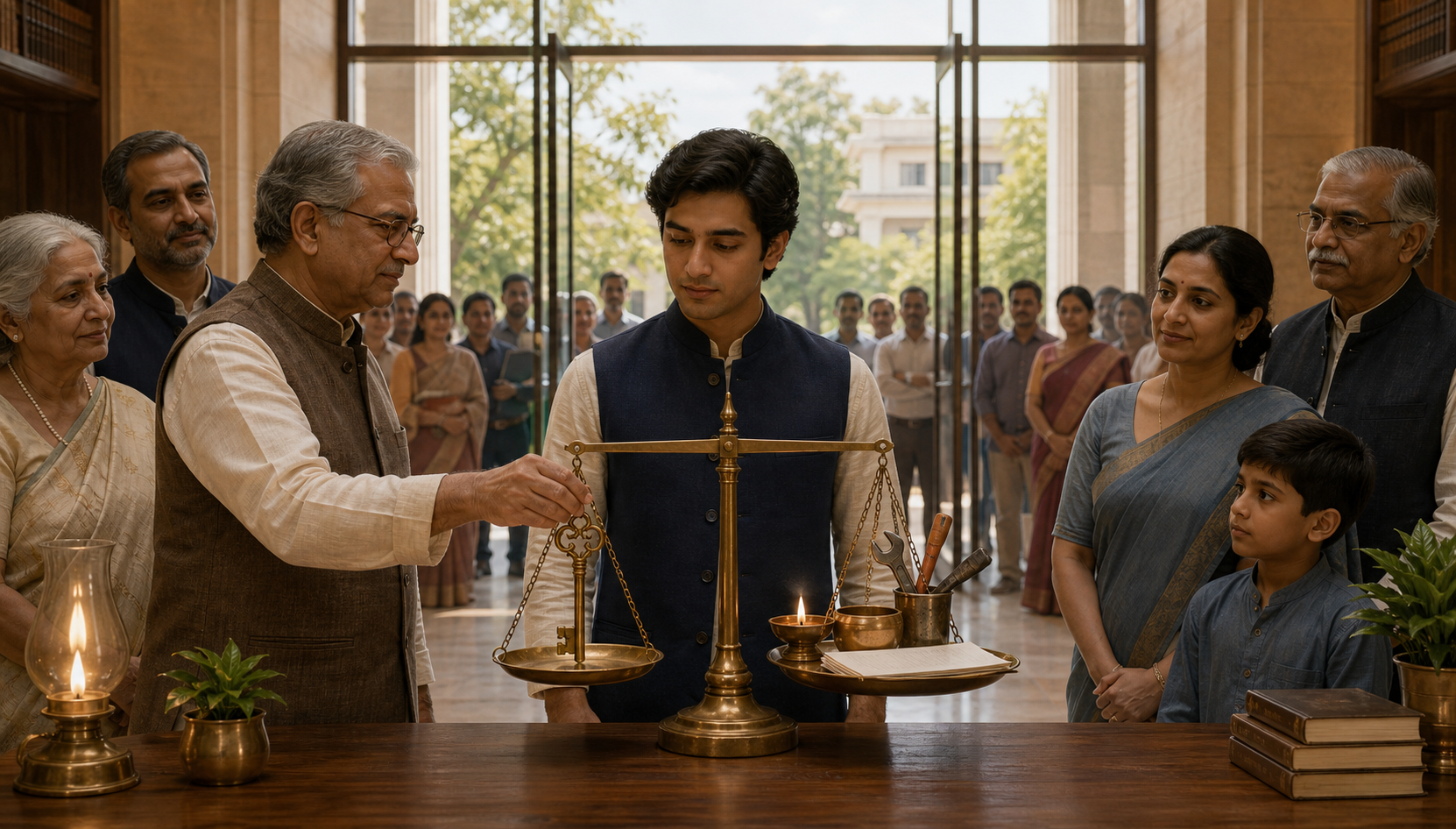 A young leader weighs an inherited key against symbols of service and responsibility while citizens watch through transparent doors.