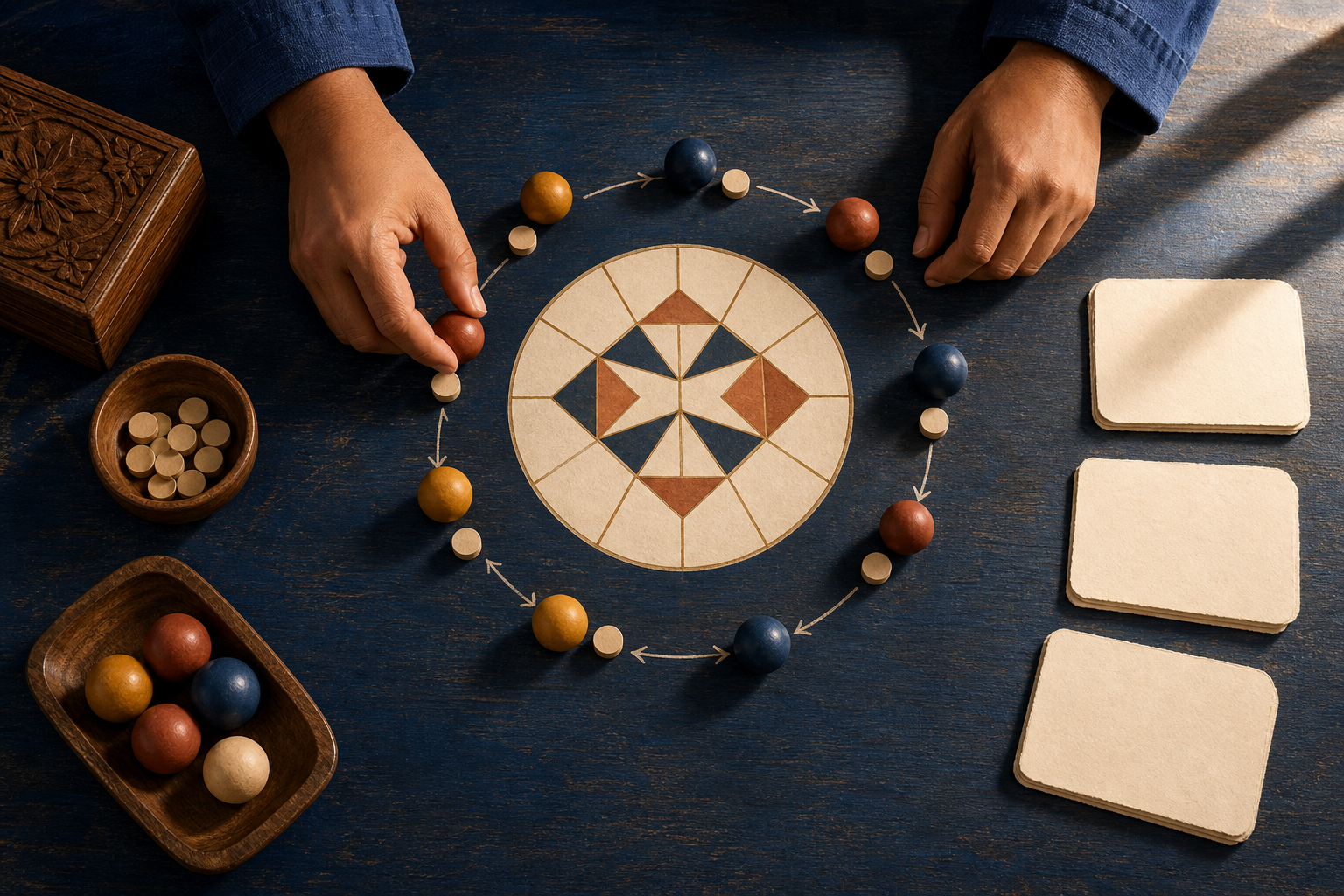 An overhead view shows hands arranging colored tokens in sequence around an abstract twelve-part Kundli diagram.