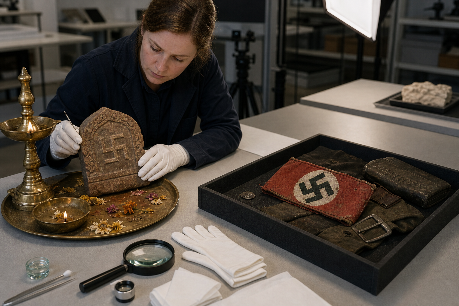 A museum conservator studies a sacred ritual plaque and a separate Nazi-era armband, with preservation tools and contextual objects arranged around them.