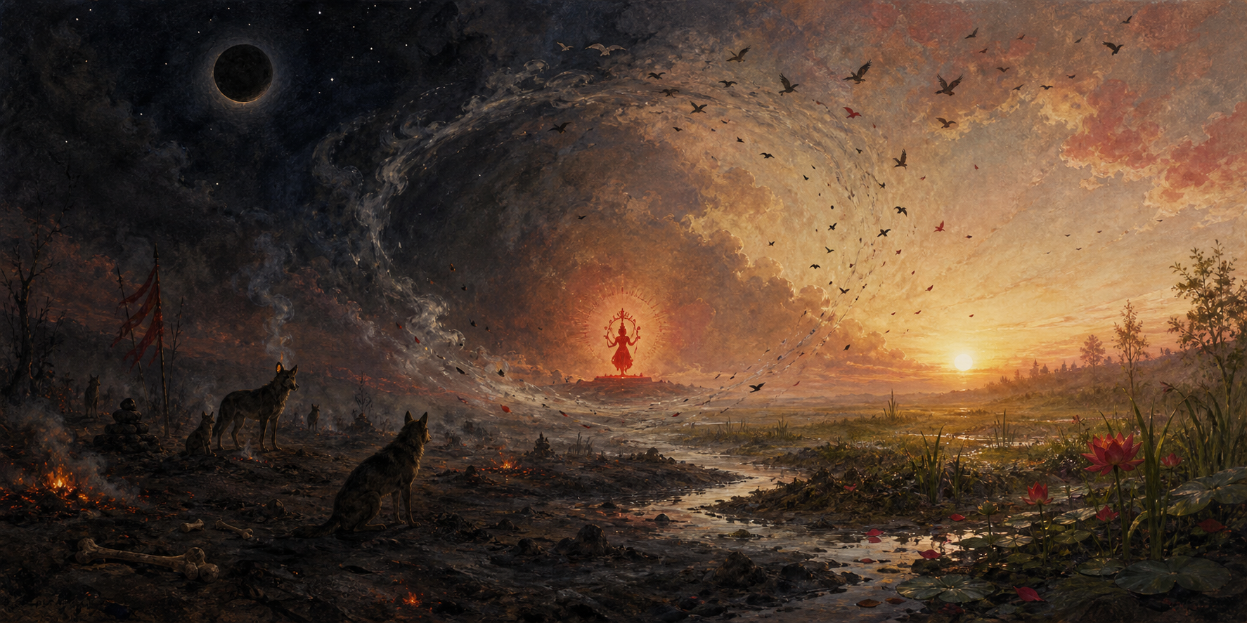 A small radiant figure of Chinnamasta stands in a dawn-lit cremation ground with embers, smoke, symbolic bones, jackals, new shoots, and red lotuses.