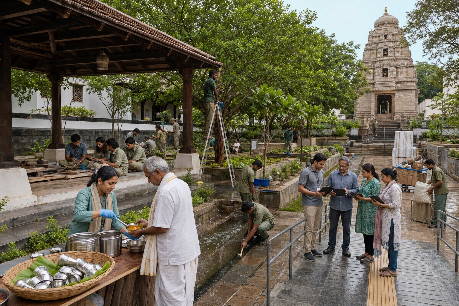 Volunteers, facility staff, craftspeople, and learners serve meals, assist pilgrims, inspect infrastructure, maintain the grounds, and practice conservation near a temple.