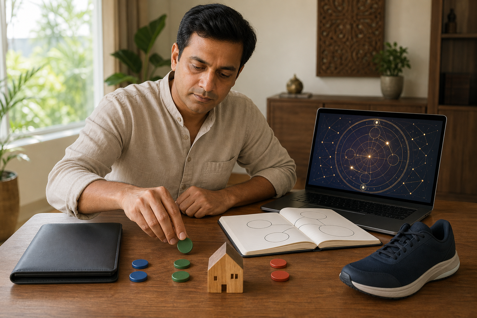 A person uses colored counters to consider work, home, and personal priorities beside a laptop showing an abstract Kundli pattern.