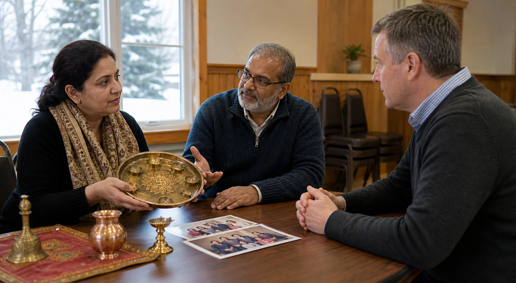 A family member shows a brass ritual plate bearing a sacred Swastika during a respectful discussion with a community venue manager.