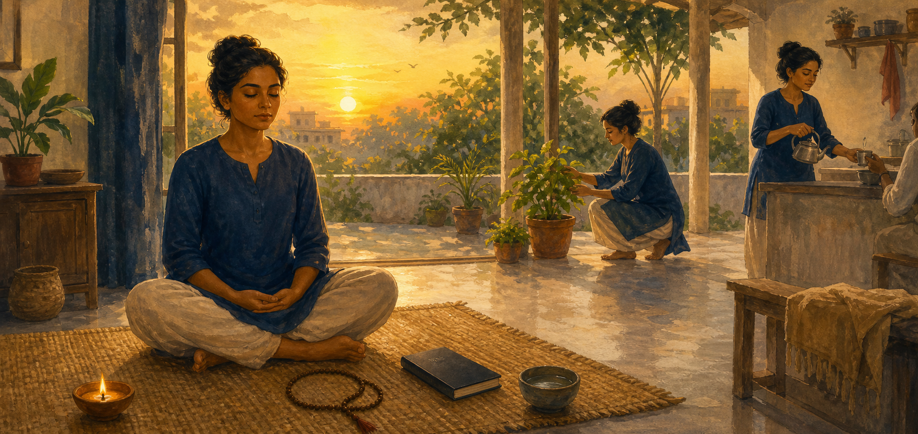 A person meditates beside a lamp at dawn while a connected background scene shows them tending a plant and preparing tea.