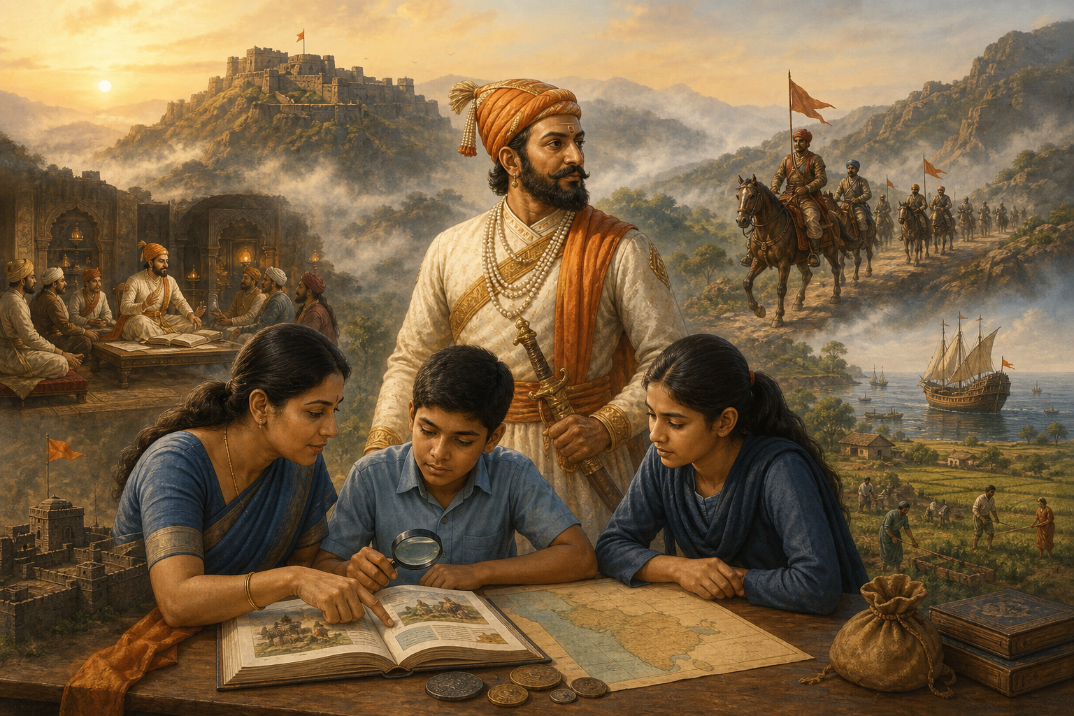Two Class 8 students and a teacher study an open book and historical objects while an illustrated Shivaji Maharaj, a hill fort, fields and ships appear behind them.