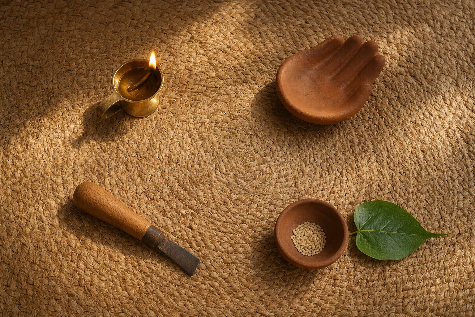 A brass lamp, clay hand-shaped dish, wooden tool, and bowl of grains with a green leaf form a circle on a woven mat.