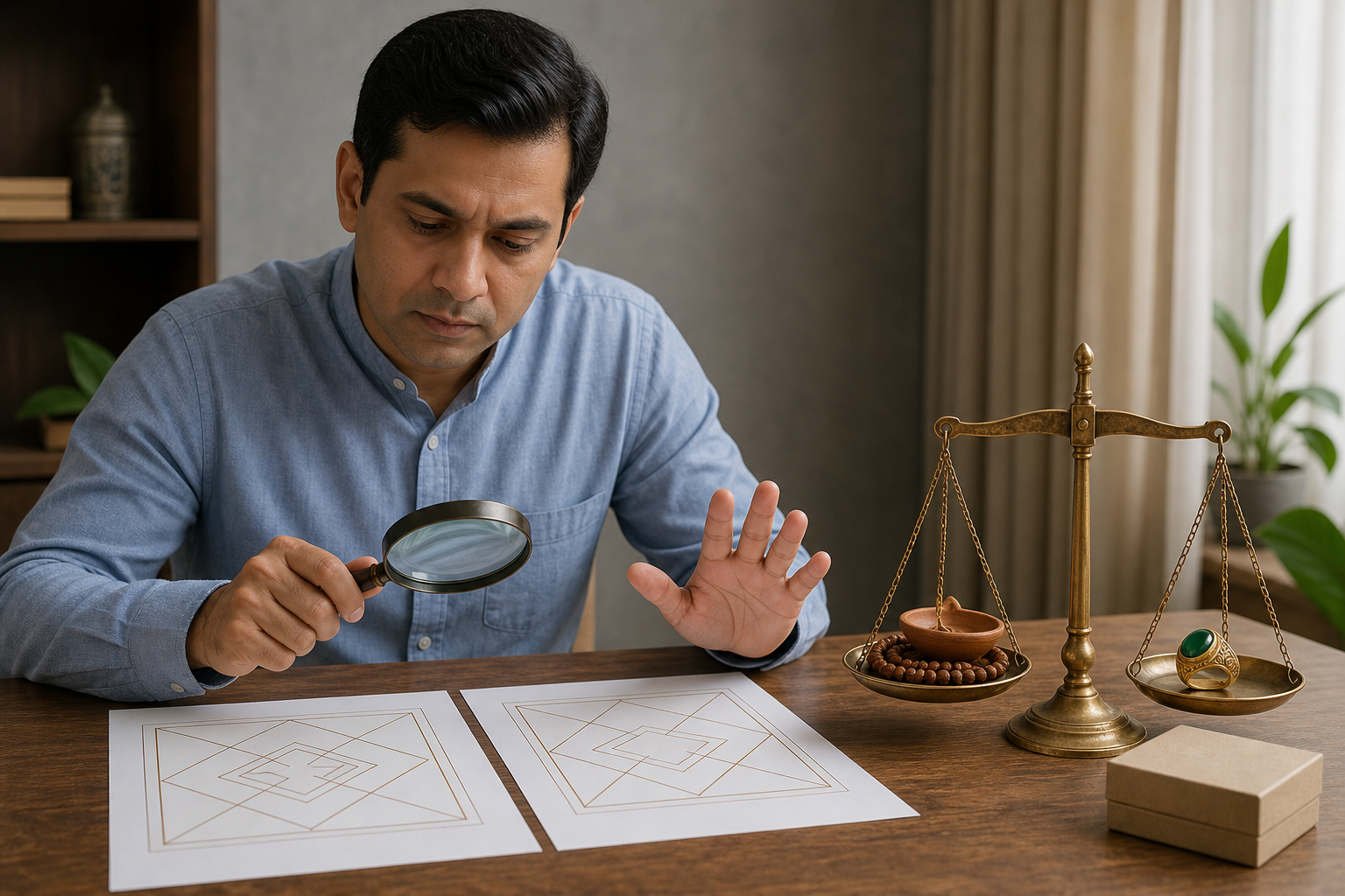 A person compares two abstract Kundli printouts while a brass scale holds devotional objects and an ornate ring on opposite sides.