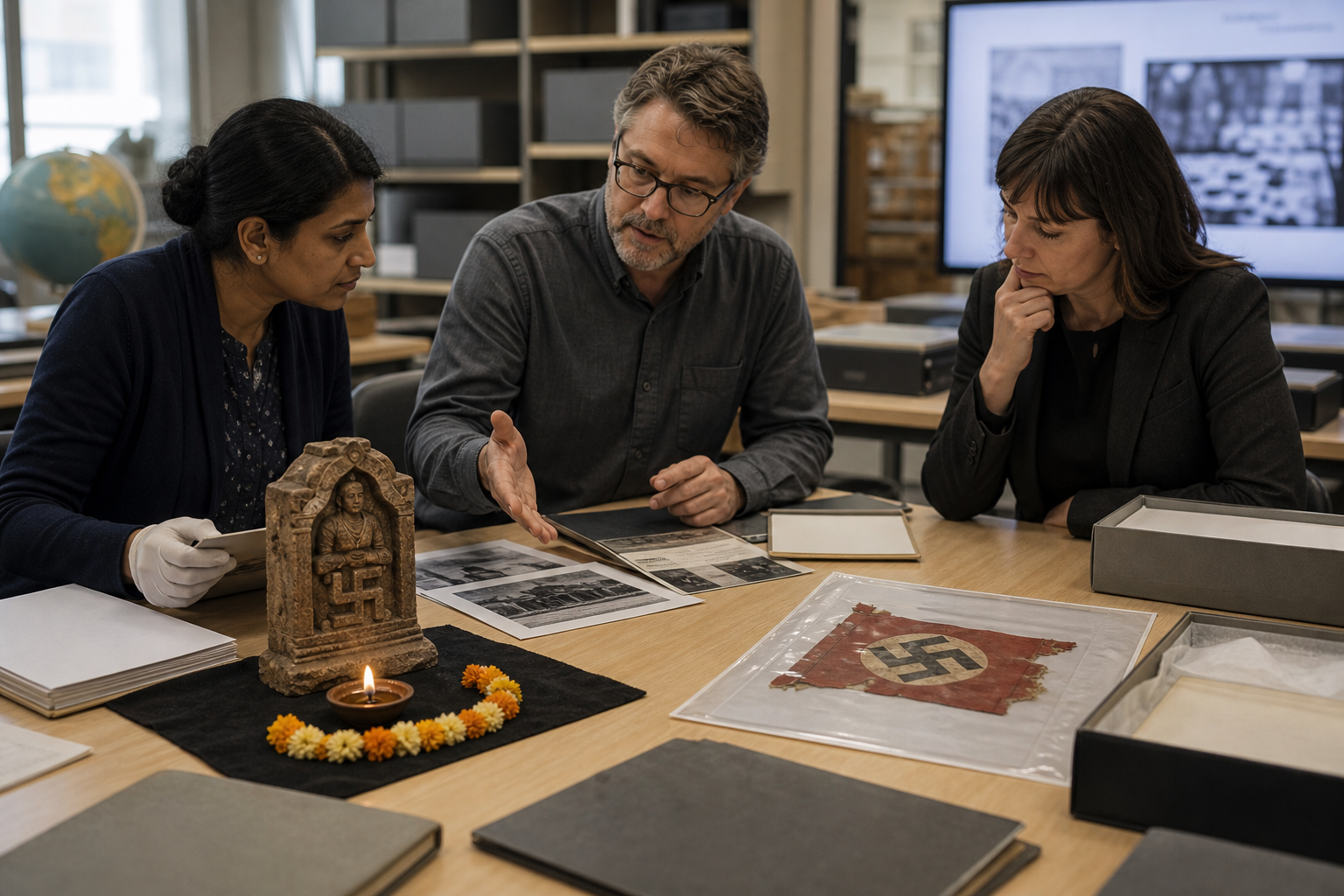 A teacher, curator and editor examine a sacred shrine fragment and an isolated Nazi propaganda artifact in a shared educational workroom.