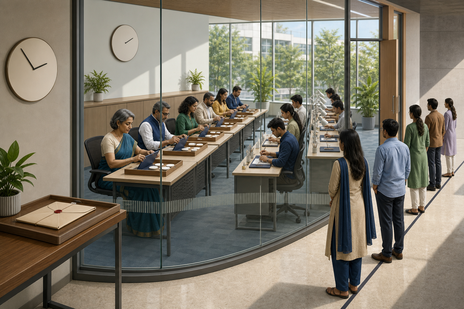 Candidates complete identical tasks while a diverse panel independently reviews anonymous portfolios in a glass-walled room.