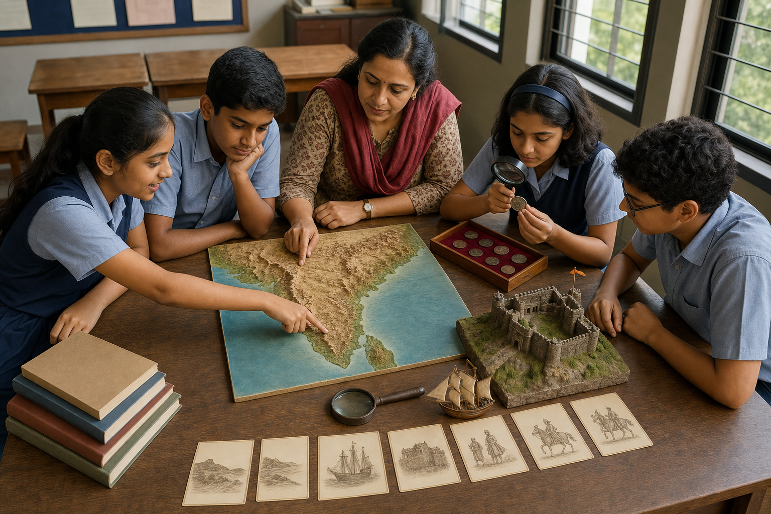 Class 8 students and a teacher examine a Deccan map, replica coins, a fort model and illustrated evidence cards during a history lesson.