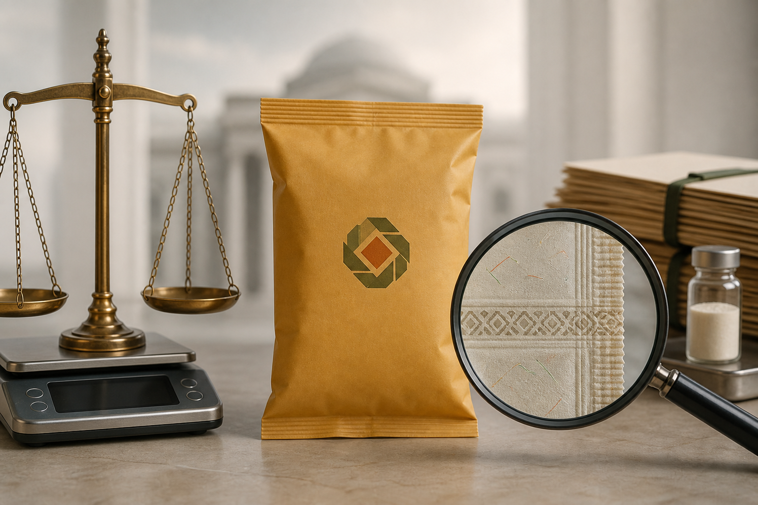 A generic packaged food product with an abstract certification seal sits beside a balance scale, magnifying lens, sample vial, and evidence file on an inspection table.