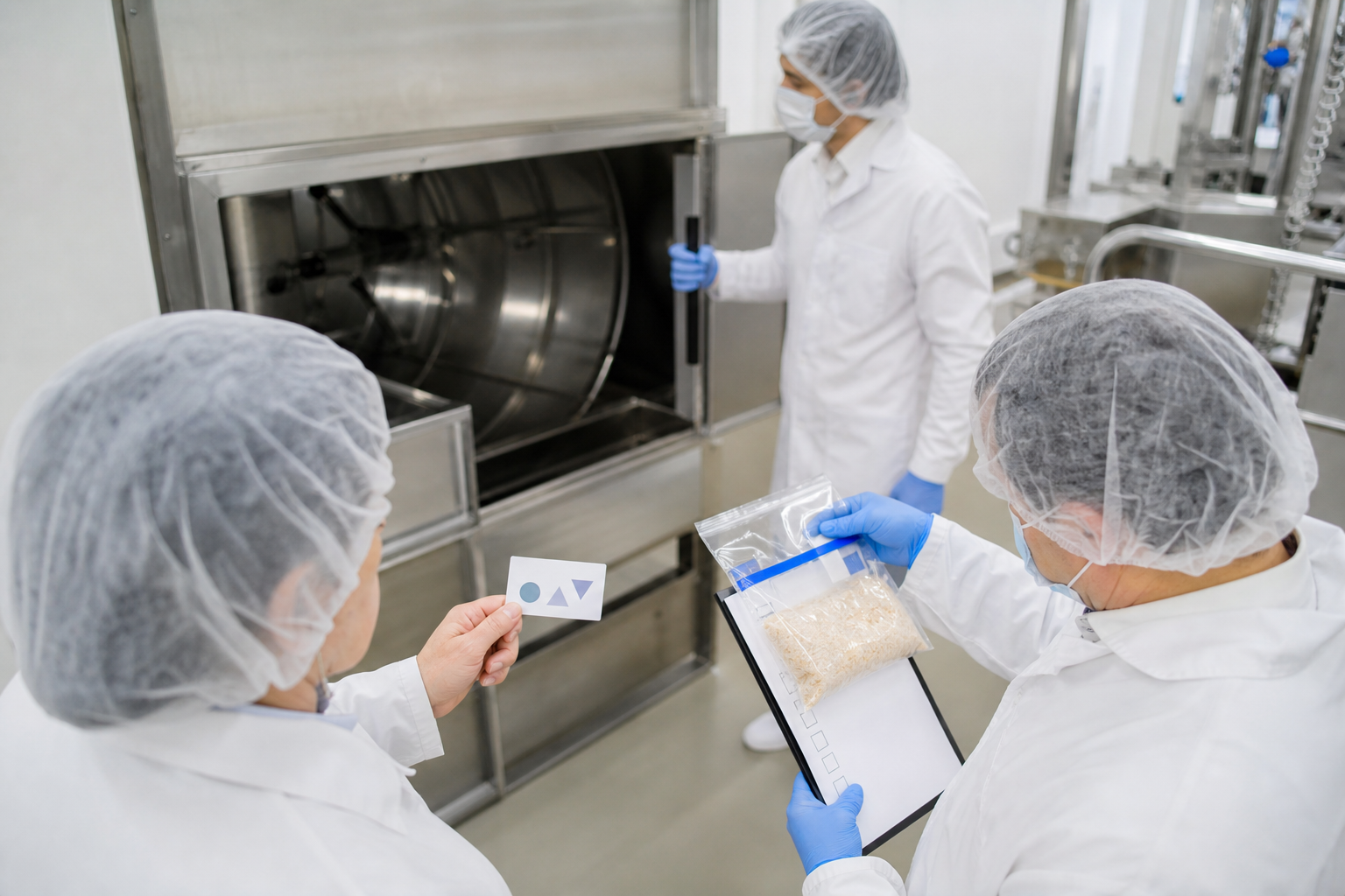 Professional inspectors verify credentials, sealed samples, and processing equipment inside a clean food-production facility.