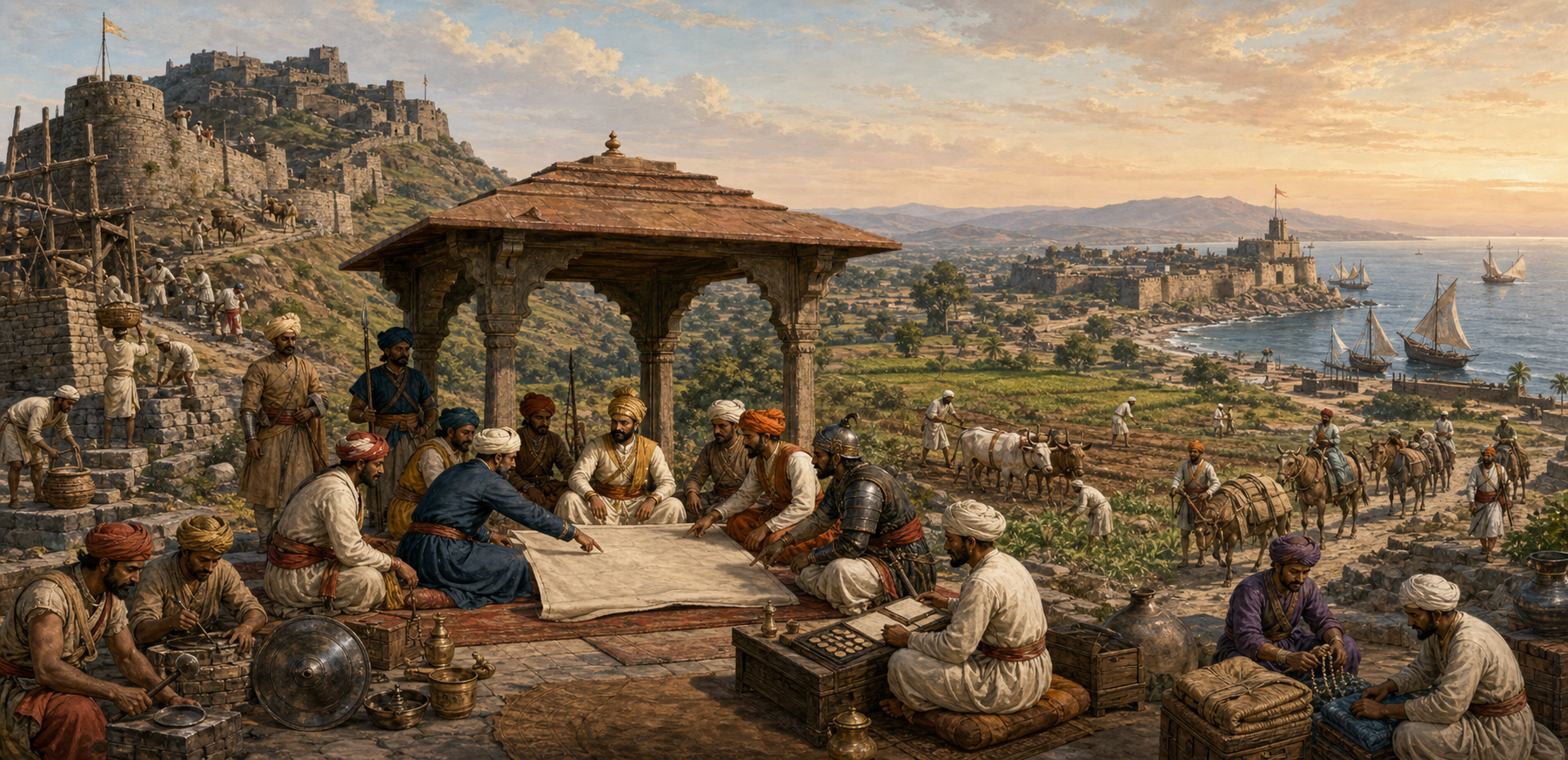 Shivaji Maharaj meets advisers in a stone pavilion as fort workers, farmers, merchants, artisans and coastal vessels fill the surrounding Deccan landscape.