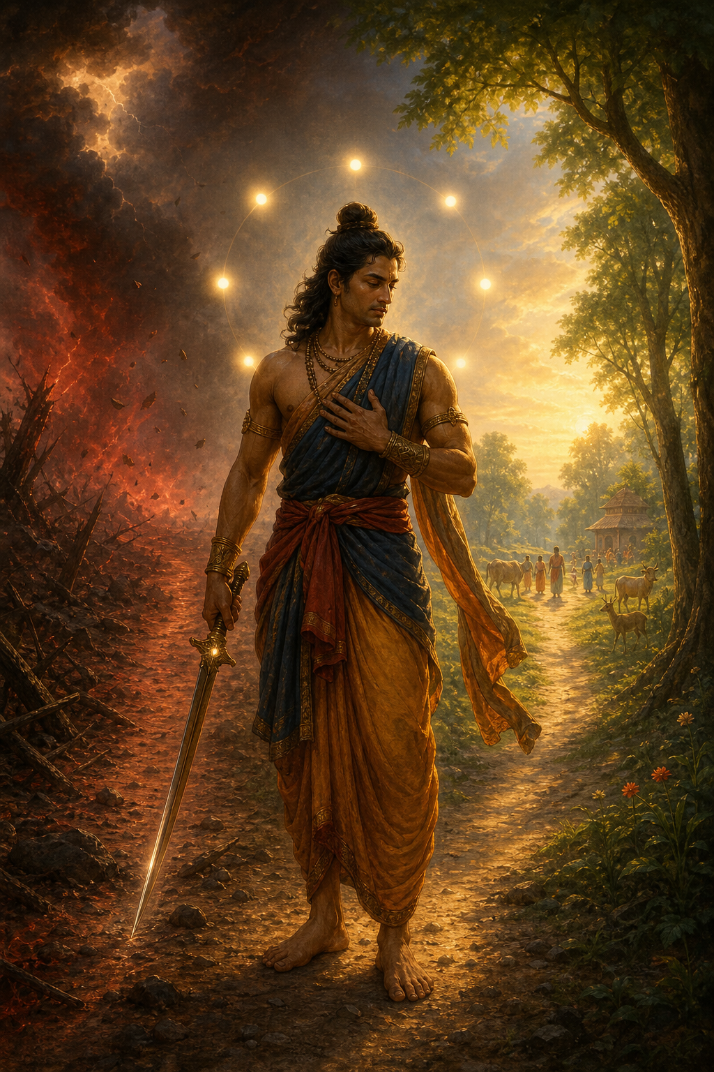 An ancient Indian warrior lowers a weapon at a fork between a storm-darkened path and a peaceful dawn-lit path leading toward a village and hermitage.
