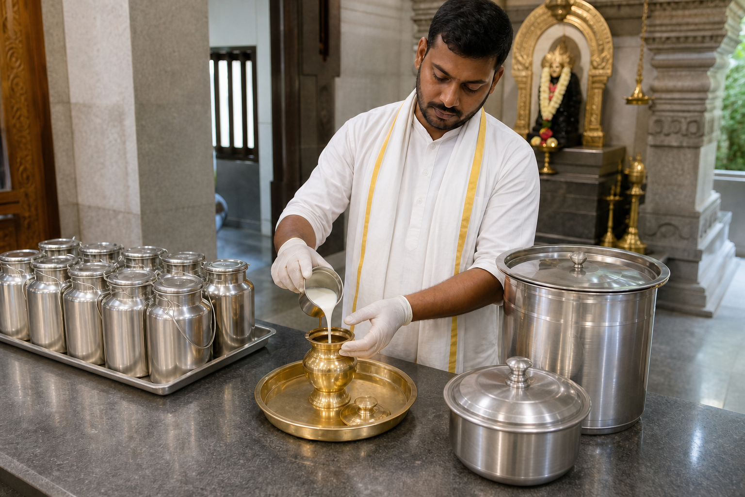 A temple volunteer measures a small portion of milk for worship while sealed milk and covered collection vessels remain separate on a clean counter.