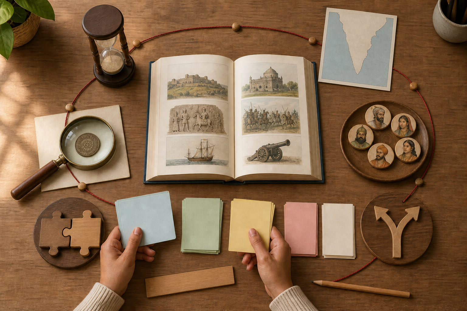 A student's hands organize blank study cards around an open book, an unlabeled map, a sand timer, portrait tokens, wooden pieces and a replica coin.
