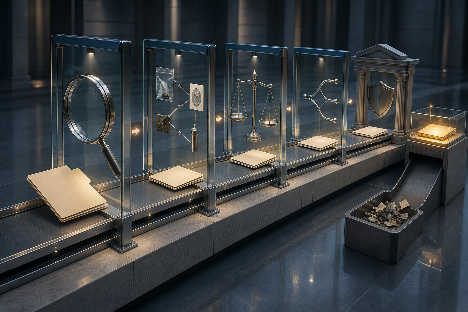 An evidence file passes through five transparent inspection gates represented by a lens, linked samples, a scale, a route model, and a lawful-review arch.