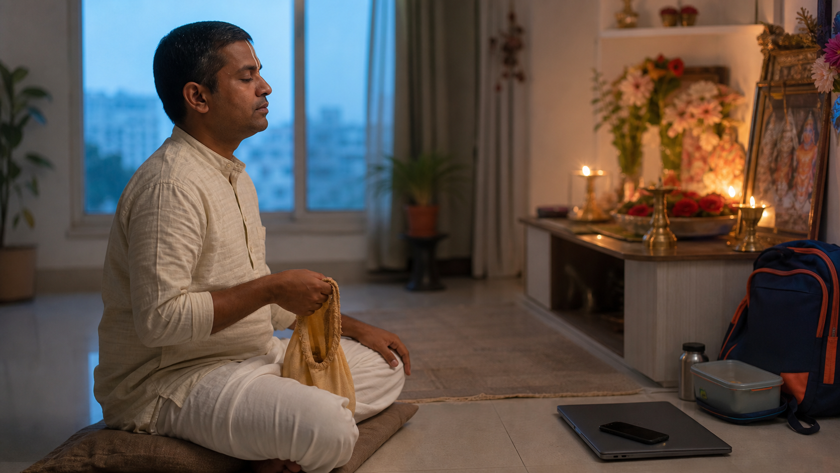 A household practitioner chants with japa beads in a modest dawn prayer corner while work and family belongings rest nearby.