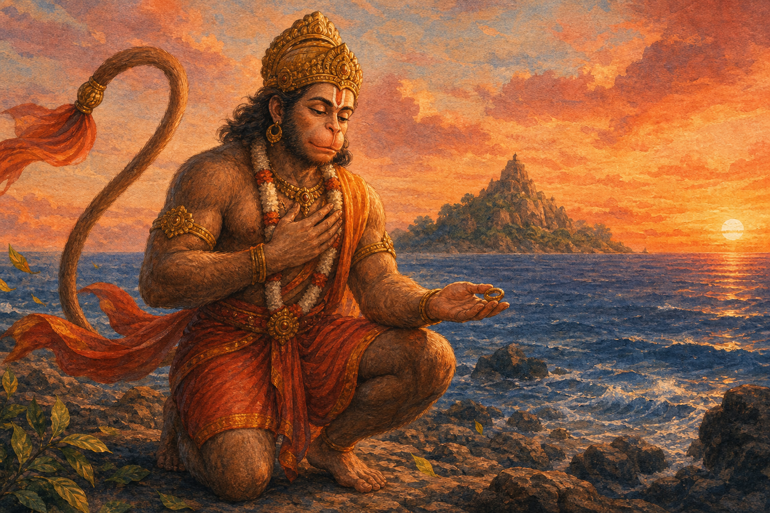 Hanuman kneels on a rocky shore at sunrise and carefully holds out a signet ring, with the ocean and a distant island behind him.