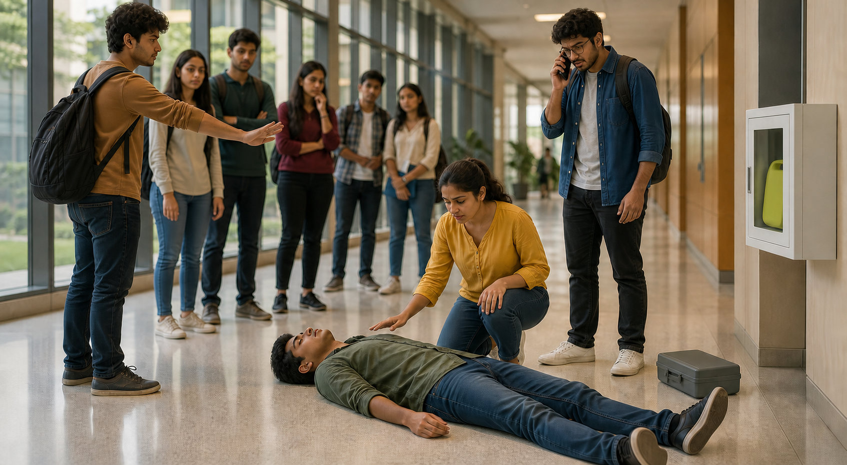 Students respond to a classmate who has collapsed in a campus corridor while one calls for emergency help and another clears the area.