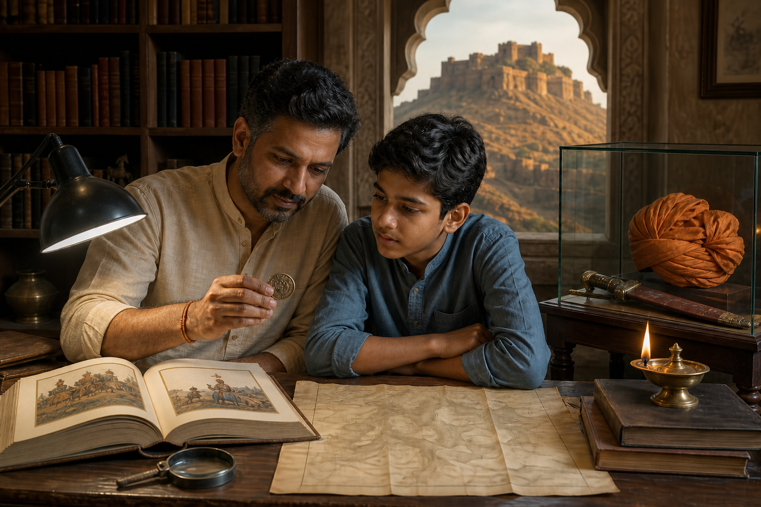 A parent and Class 8 student compare a replica Maratha coin with an illustrated book and map beside a museum-style display of historical objects.