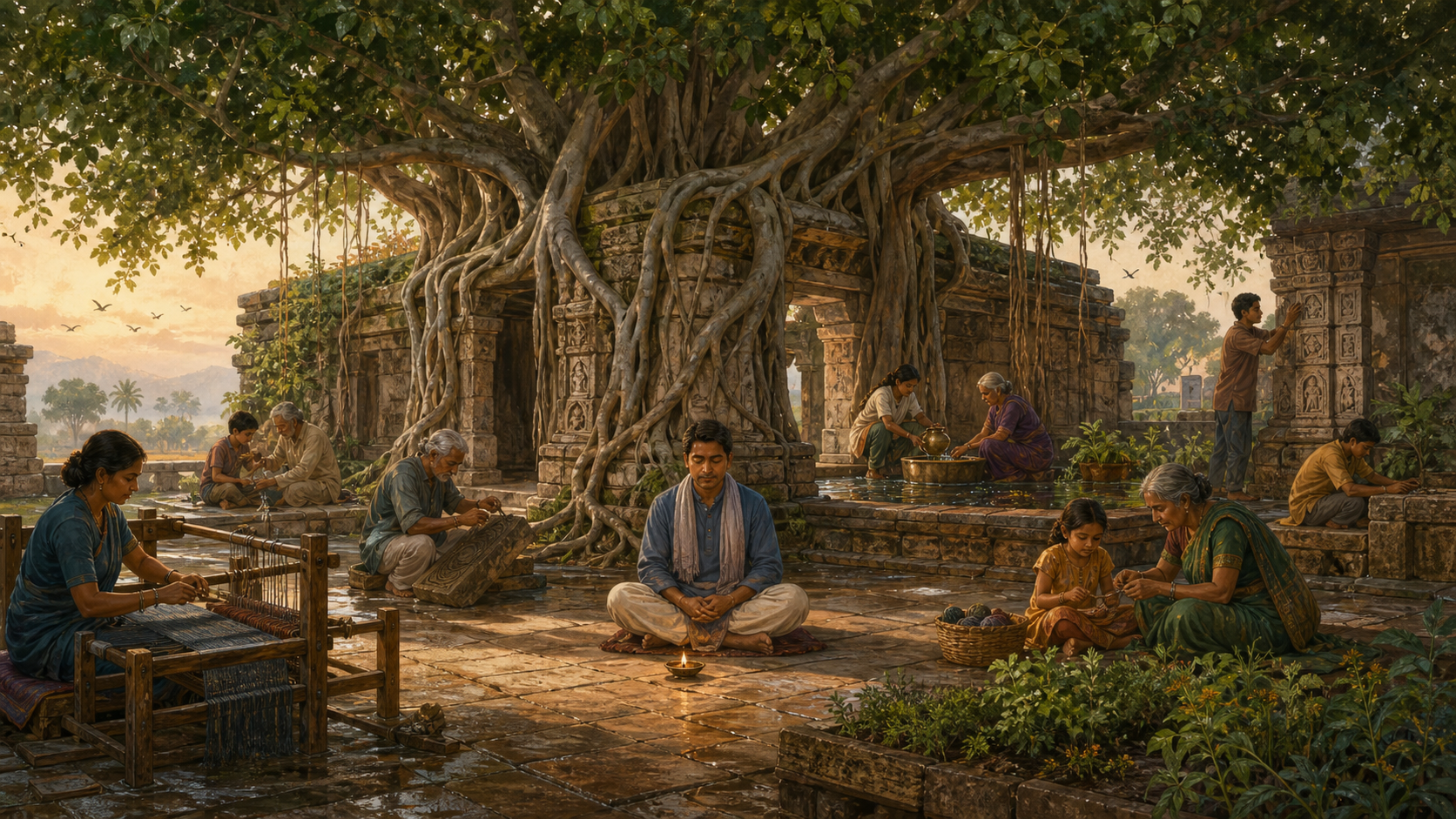 A multigenerational community tends an open stone courtyard beneath a large banyan tree while one person sits quietly beside a lamp and a handloom.