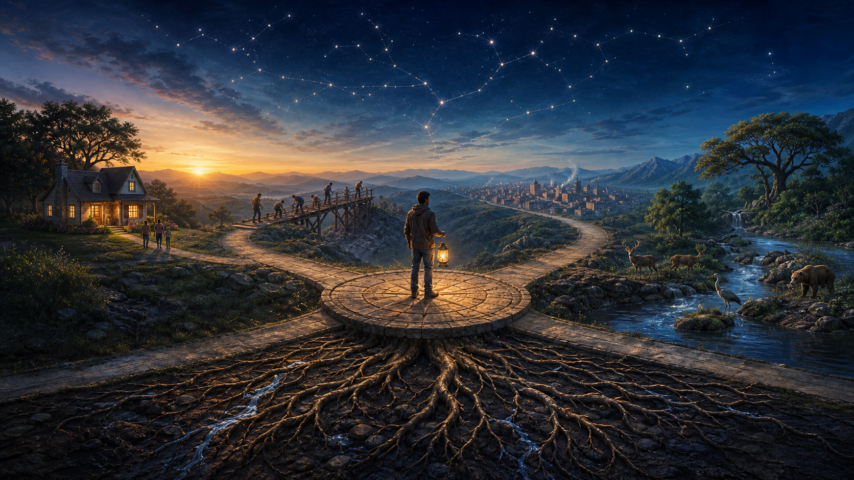 A person holding a lantern stands where paths toward a home, a damaged bridge, a forest, and a settlement meet beneath a starry dawn sky.