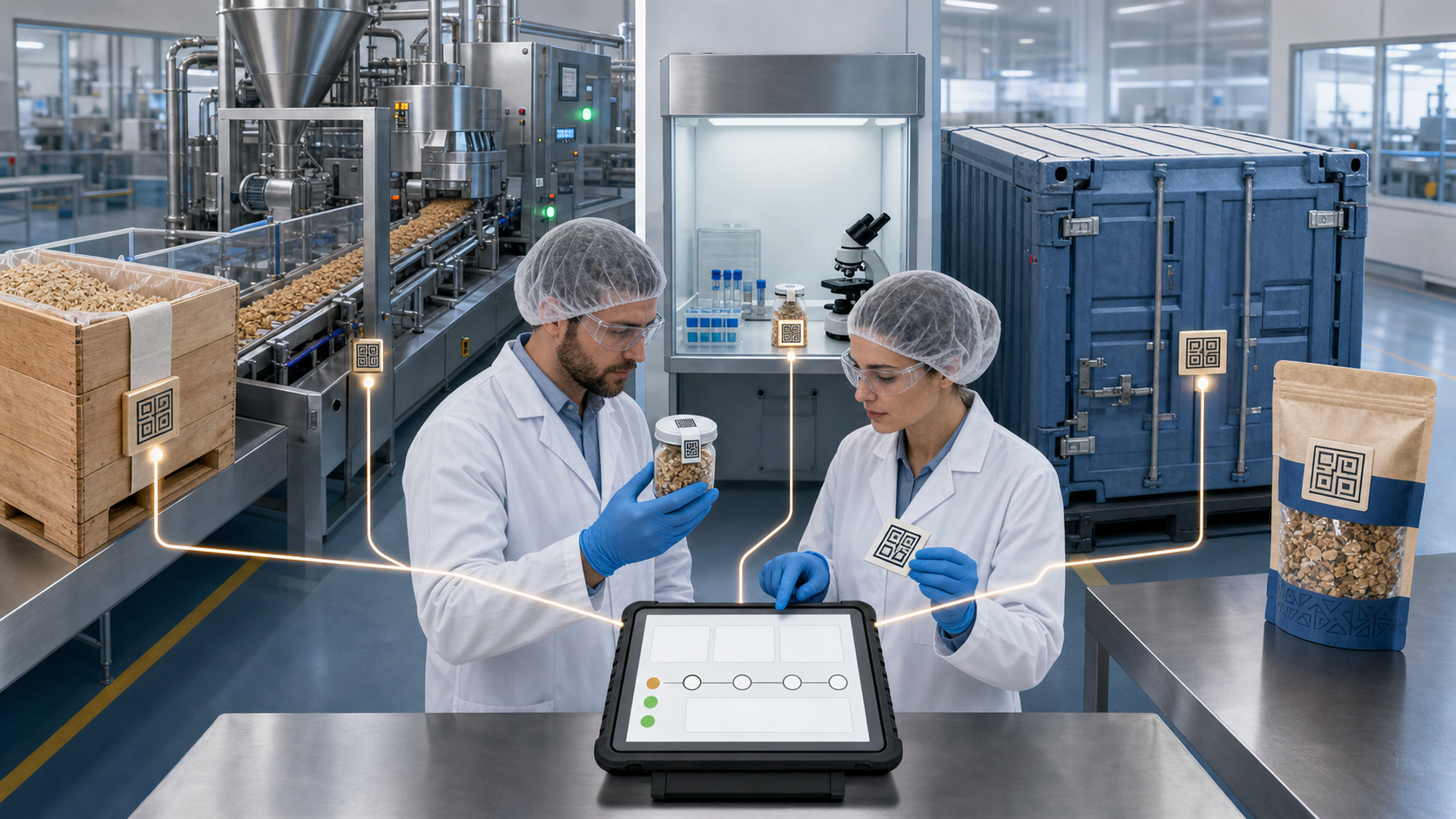A traceable food supply chain connects ingredient crates, processing, laboratory sampling, transport, and retail packaging to an auditor's tablet.