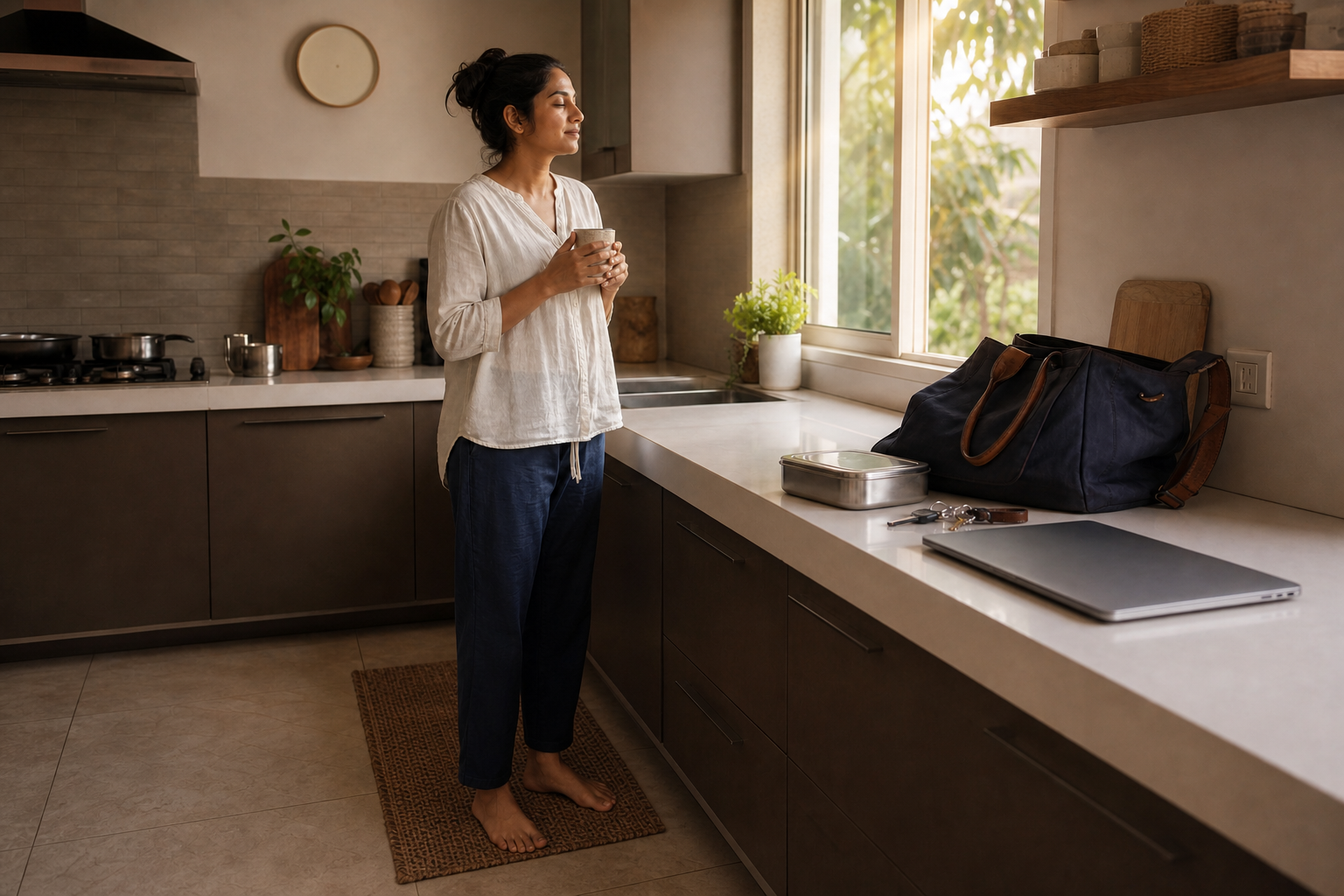 An adult pauses with a ceramic cup beside a kitchen window while a work bag, keys, lunch container, and laptop wait nearby.