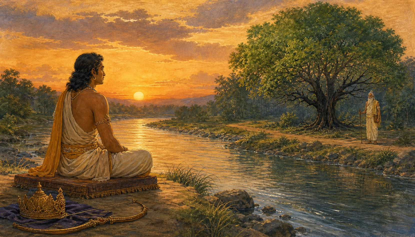 King Parikshit sits beside a river after laying down his crown and bow, while the sage Kashyapa stands near a partly renewed tree on a distant forest road.